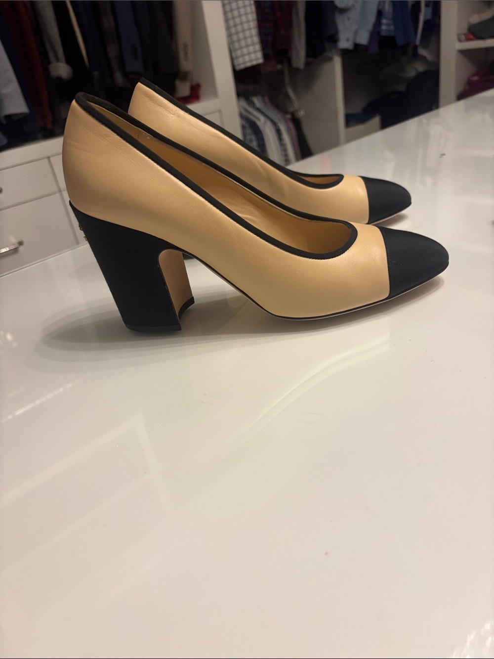CHANEL Beige Leather Pumps with Black Cap Toe - Picture 2 of 4